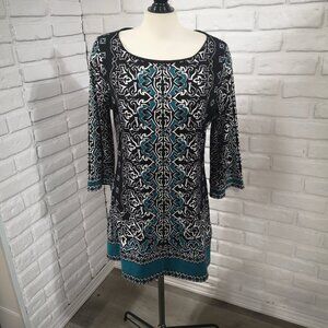 White House/Black Market Ladies Size Large Black Wht Teal Patterned Tunic Dress
